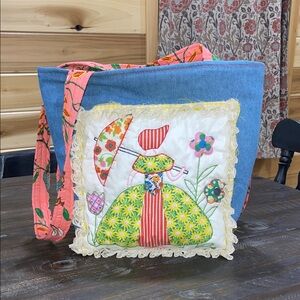 Denim Floral Appliqué Tote with Coral Floral Strap